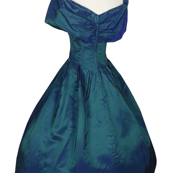 Vintage 80s 90s Dark Blue Green Taffeta Full Skirt Bow Prom Party Dress S Small - Picture 4 of 10